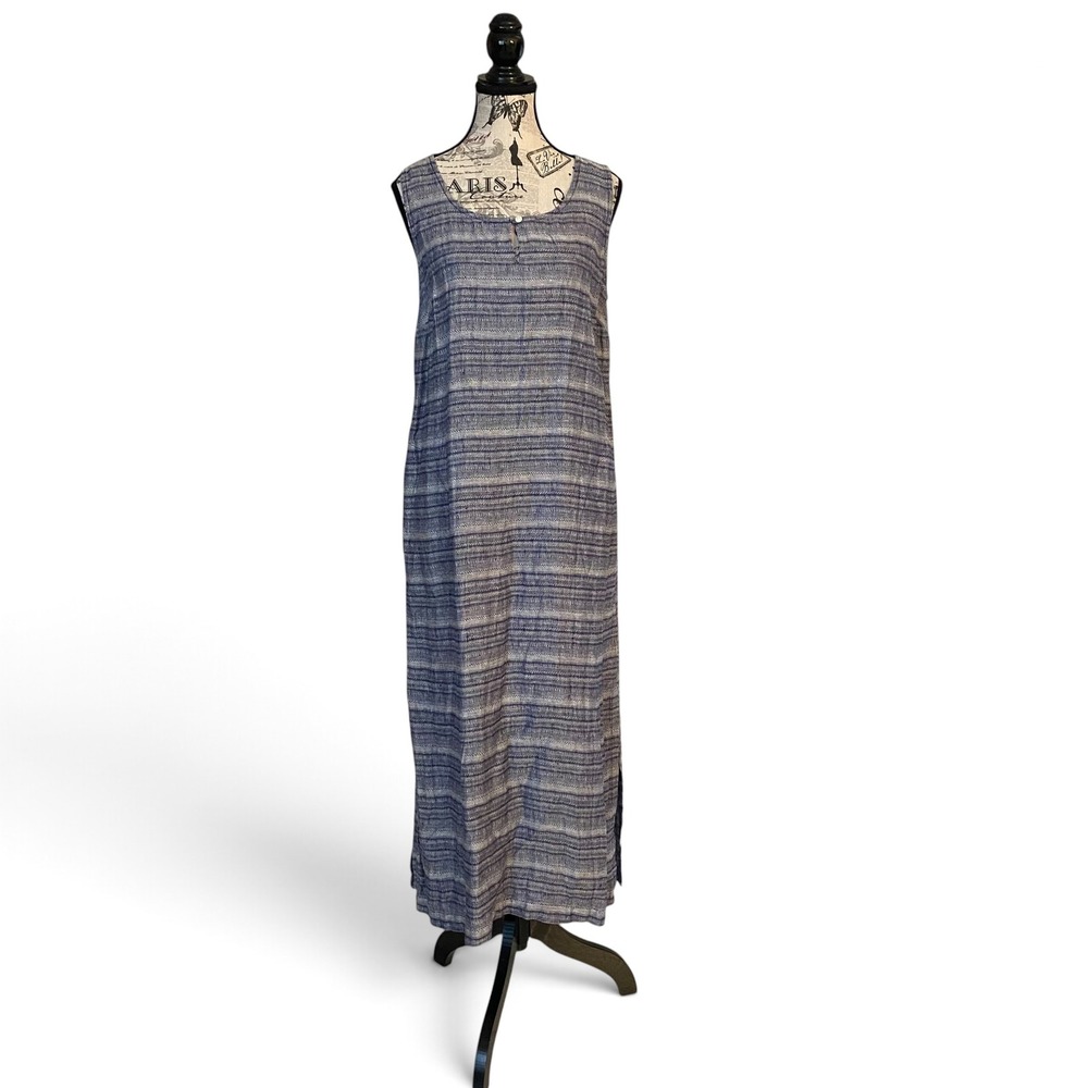 Pure Jill Linen Dress Women S Blue White Striped Sleeveless Maxi Coastal Relaxed